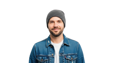 Portrait of a handsome bearded man in a denim jacket and beanie casual style and modern fashion