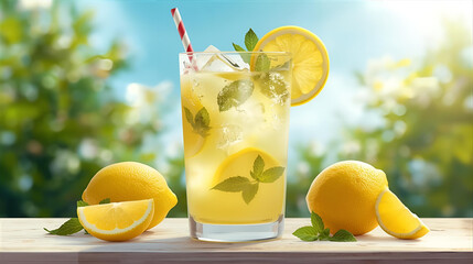 refreshing glass of lemonade with lemon slices and mint during a summer day blue sky ai