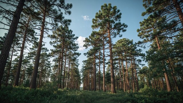 Dense forest of tall pine trees under blue sky with clouds. Nature, woods, greenery. The scene of a peaceful forest landscape.