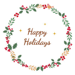 Cheerful circular holiday wreath illustration with holly, berries, leaves, gold accents, and a small bird framing the Happy Holidays message. Vector