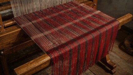 A traditional red and black woven textile on a wooden loom. Handcraft and weaving, craftsmanship. The concept of textile art and artisanal fabric creation.