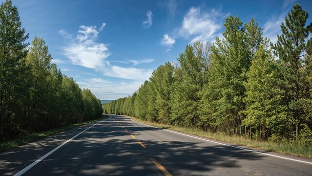 A scenic road surrounded by lush green trees on both sides under a partly cloudy sky.