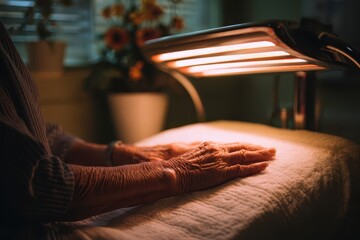 Companion Therapy Program concept. Elderly hands resting under a warm lamp, conveying care and relaxation.