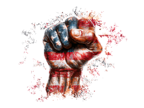 A fist is raised above a red, white, and blue American flag - Powered by Adobe