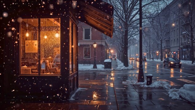 A caf&eacute; glowing with golden window light on a snowy evening, with empty street reflections and falling snow. A cozy, nostalgic urban winter scene.
