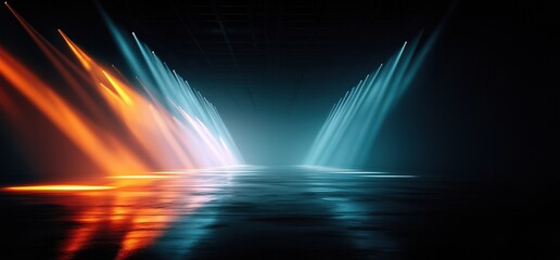 Atmospheric interior with colored stage lights and reflective surface, suitable for events or cinematic use.