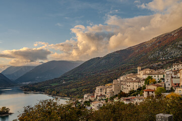 Barrea and its lake. Abruzzo. Spectacular autumn panorama