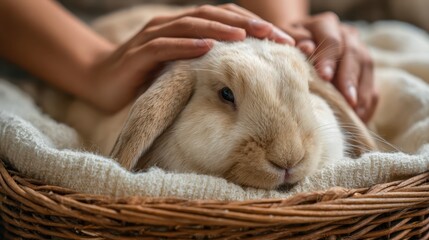 Companion Therapy Program concept. A person gently pets a relaxed rabbit in a cozy basket setting.
