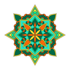 Vibrant mandala illustration featuring intricate floral and geometric patterns in green, orange, and yellow