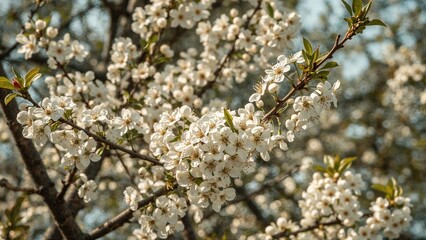 Obraz premium Cherry blossom branches with white flowers in bloom during daytime. Springtime scene. Nature and floral photography. The beauty of flowering trees.