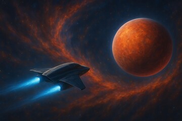 Advanced spacecraft with glowing engines venturing through a vibrant, swirling nebula towards a newly discovered exoplanet, showcasing the awe and wonder of deep space exploration.