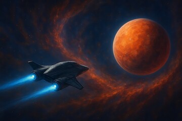 Advanced spacecraft with glowing engines venturing through a vibrant, swirling nebula towards a newly discovered exoplanet, showcasing the awe and wonder of deep space exploration.