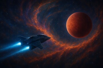 Advanced spacecraft with glowing engines venturing through a vibrant, swirling nebula towards a newly discovered exoplanet, showcasing the awe and wonder of deep space exploration.