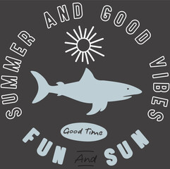 shark vector illustration, Summer and good vibes, Summer time. Beach vibes for, poster, sticker. Summer good vibes. Shark t shirt graphics design, typography slogan on black background. Ocean fish.