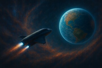 Advanced spacecraft with glowing engines venturing through a vibrant, swirling nebula towards a newly discovered exoplanet, showcasing the awe and wonder of deep space exploration.