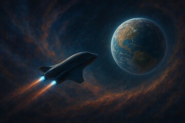 Advanced spacecraft with glowing engines venturing through a vibrant, swirling nebula towards a newly discovered exoplanet, showcasing the awe and wonder of deep space exploration.