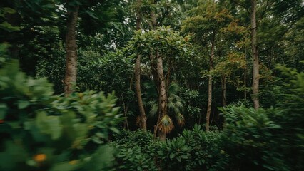 Obraz premium Dense jungle forest scene with trees and green foliage. Natural environment and wilderness. The image of a lush and vibrant ecosystem.