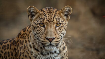 Obraz premium A close-up of a leopard's face showing its eyes, fur pattern, and facial features.