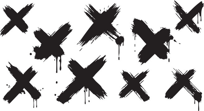Large set of black ink brush stroke x marks with paint splatters and dripping texture effects