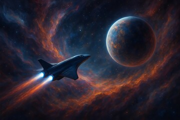 Advanced spacecraft with glowing engines venturing through a vibrant, swirling nebula towards a newly discovered exoplanet, showcasing the awe and wonder of deep space exploration.