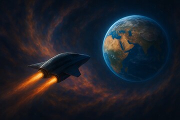 Advanced spacecraft with glowing engines venturing through a vibrant, swirling nebula towards a newly discovered exoplanet, showcasing the awe and wonder of deep space exploration.