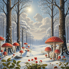 A magical fairy-tale scene with  mushrooms in winter wonderland