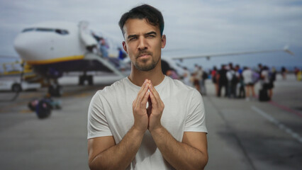 Young man standing outdoors at an airport with an airplane in the background, surrounded by people, wearing a casual white shirt, presenting a thoughtful expression.
