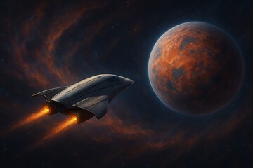 Advanced spacecraft with glowing engines venturing through a vibrant, swirling nebula towards a newly discovered exoplanet, showcasing the awe and wonder of deep space exploration.