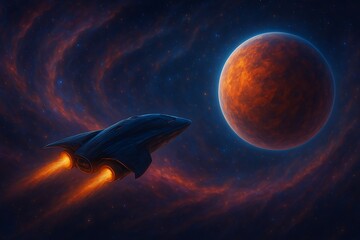 Advanced spacecraft with glowing engines venturing through a vibrant, swirling nebula towards a newly discovered exoplanet, showcasing the awe and wonder of deep space exploration.