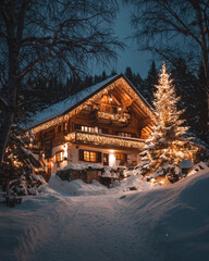 A cozy cabin with a Christmas tree in front of it
