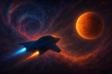 Advanced spacecraft with glowing engines venturing through a vibrant, swirling nebula towards a newly discovered exoplanet, showcasing the awe and wonder of deep space exploration.