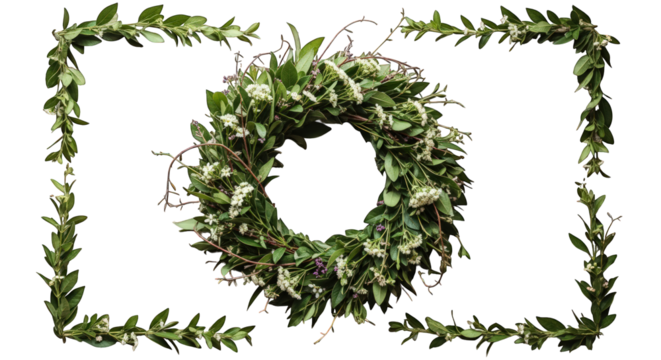 Festive frame and wreath of green leaves for decoration or invitation