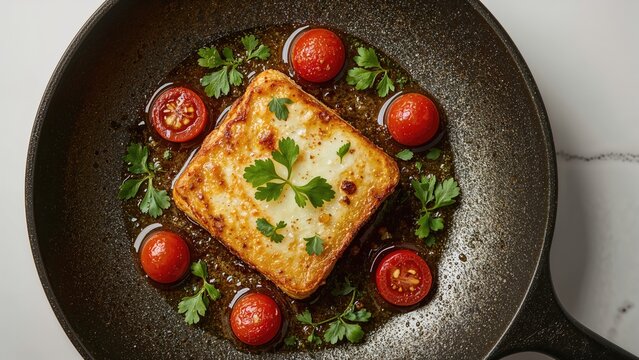 Fried tofu with cherry tomatoes and fresh herbs in a skillet, garnished with parsley.