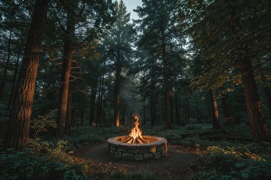 Campfire in forest clearing at dusk
