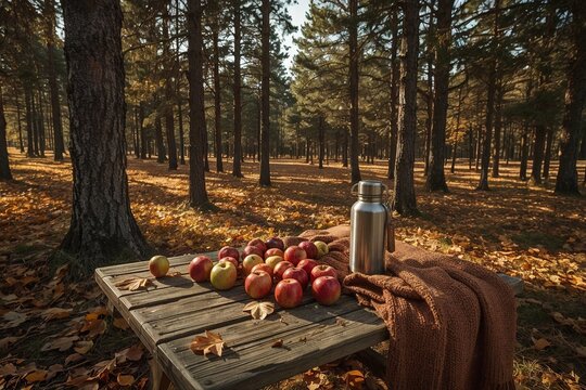 Autumn forest picnic with apples and blanket