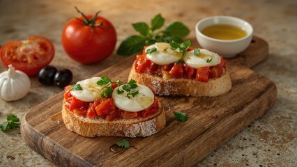 Slices of bread topped with tomato, mozzarella, basil, and olive oil, served on a wooden board with a tomato, garlic, and olives in the background.