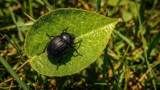 A black beetle on a green leaf in a grassy environment. - Powered by Adobe