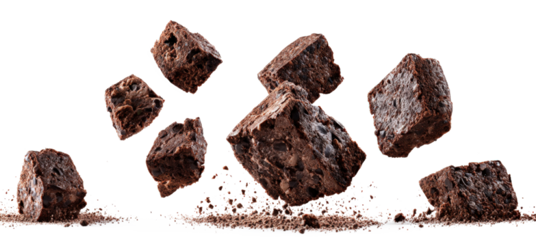  A close up of brownies in the air with the word chocolate on the bottom