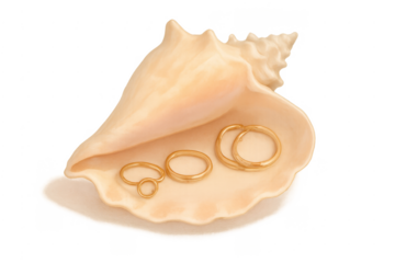 Seashell holding golden wedding and engagement rings