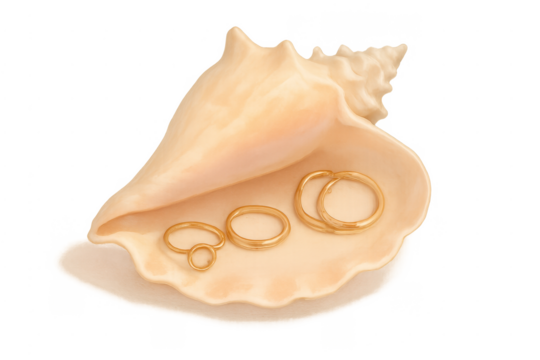 Seashell holding golden wedding and engagement rings
