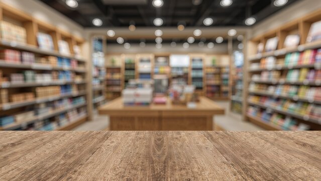A bookstore or library interior with bookshelves and a wooden table, seen from a foreground perspective. - Powered by Adobe