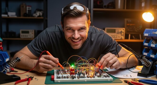 Man soldering electronic circuit board with soldering iron for home video. Electronic circuit board repair shown with wires, tools, and equipment