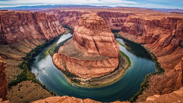 The image depicts the iconic Horseshoe Bend, a mesmerizing meander of the Colorado River with towering canyon walls.