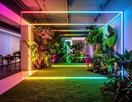 Vibrant neon light frame surrounds lush tropical plants and artificial grass