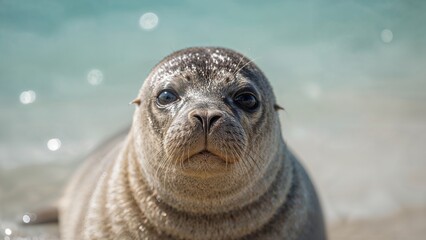 Naklejka premium Close-up of a seal pup on the beach with water in the background. Wildlife photography, nature, marine animals. The concept of marine life and animal conservation.