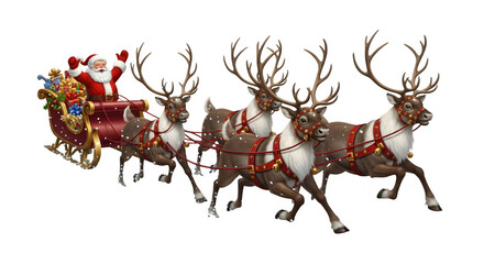 Santa Claus in his sleigh with reindeer delivering gifts, spreading holiday cheer and magic during the festive Christmas season