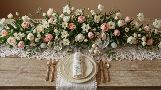 A floral table centerpiece with white and pink roses on a rustic wooden table decorated with lace, plates, cutlery, and a napkin. - Powered by Adobe