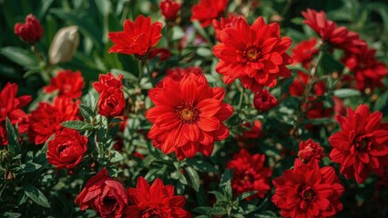 Bright red flowers blooming among green leaves in a garden setting.