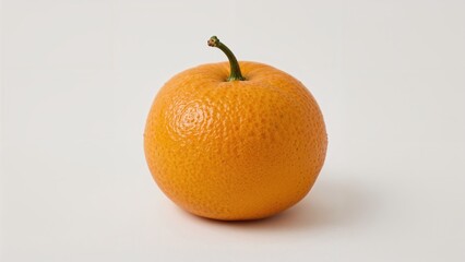 Orange fruit with a stem on a plain white background. Fresh citrus fruit. Fruit and healthy eating concept. Simple presentation of an orange.