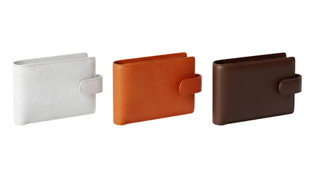 Elegant set of leather wallets in white, orange, and brown for stylish everyday use, perfect for gifting or personal finance